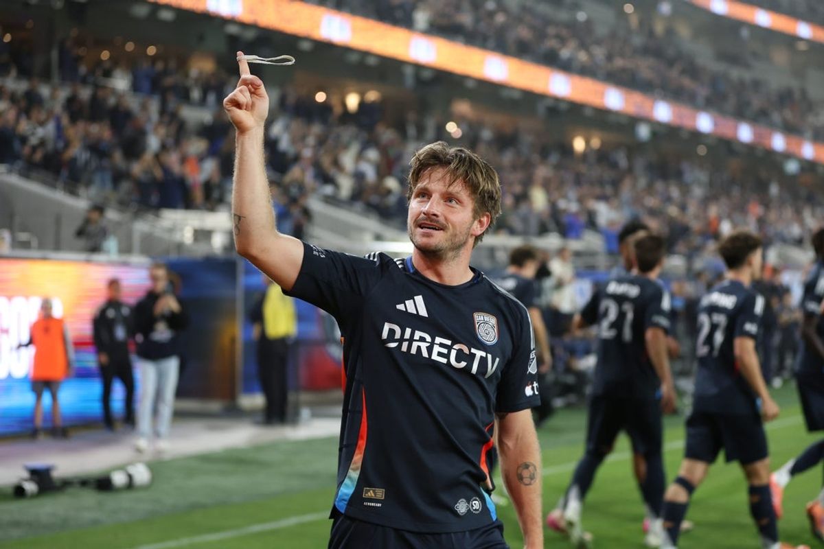 Nov 9, 2025; San Diego, California, USA; San Diego FC forward Anders Dreyer (10) celebrates after scoring a goal during the first half at Snapdragon Stadium. Mandatory Credit: Abe Arredondo-Imagn Images