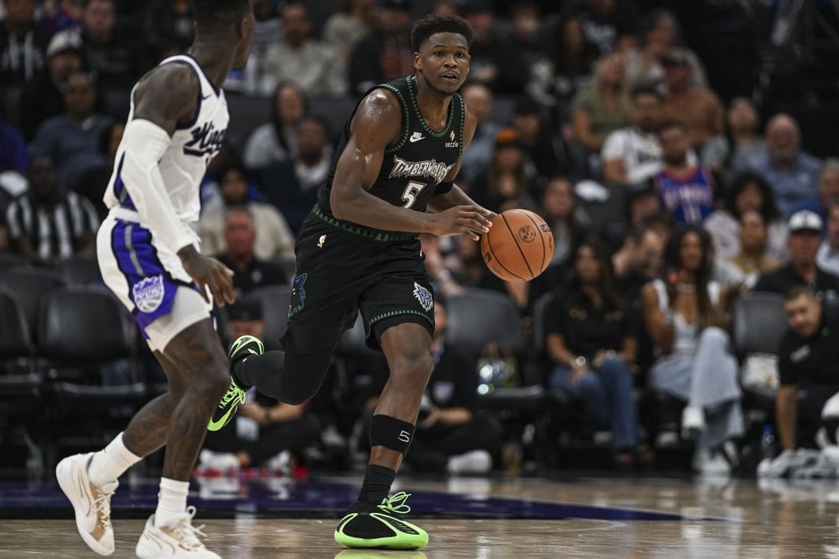 Nov 9, 2025; Sacramento, California, USA; Minnesota Timberwolves guard Anthony Edwards (5) controls the ball during the third quarter against the Sacramento Kings at Golden 1 Center. Mandatory Credit: Justine Willard-Imagn Images