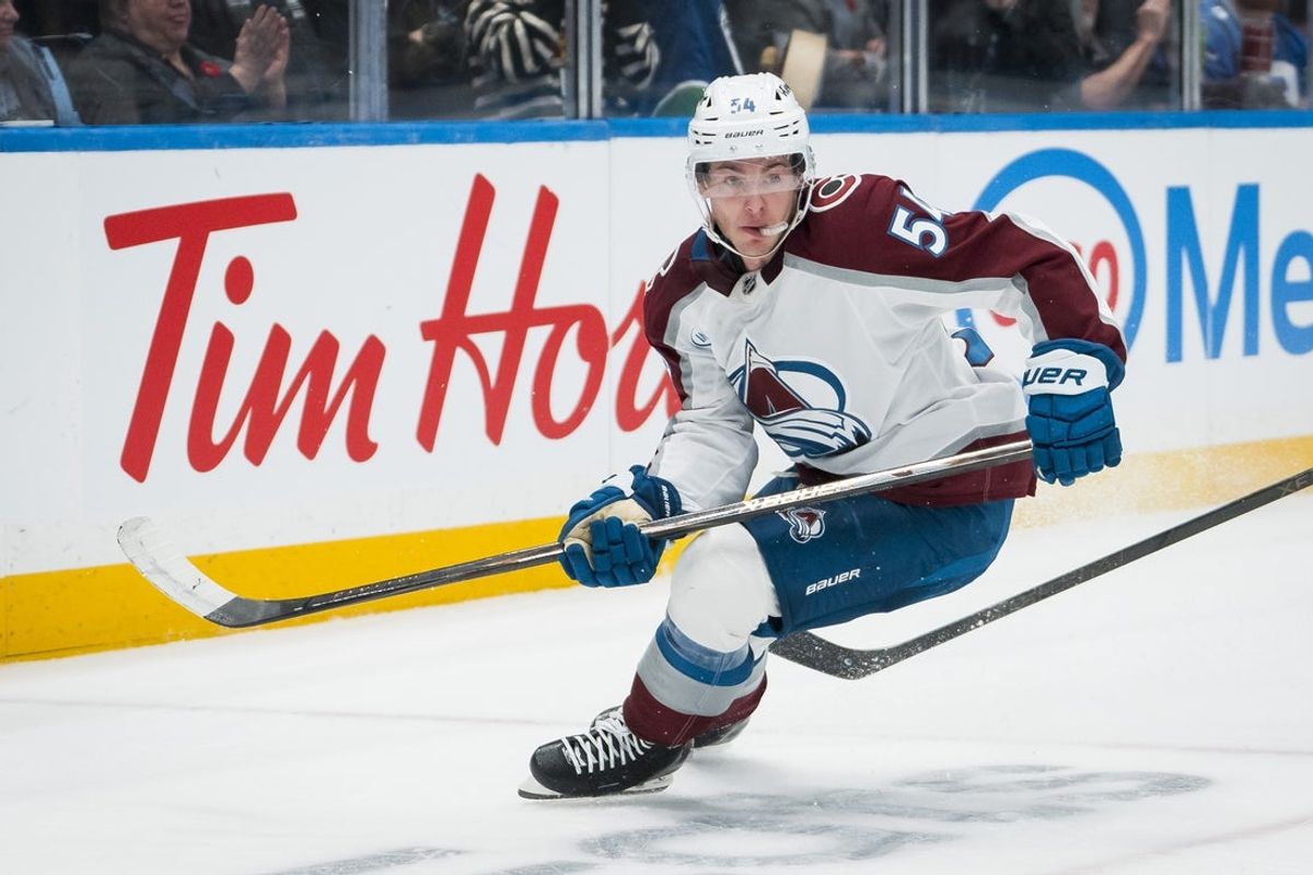 Nov 9, 2025; Vancouver, British Columbia, CAN; Colorado Avalanche forward Gavin Brindley (54) skates against the Vancouver Canucks in the third period at Rogers Arena. Mandatory Credit: Bob Frid-Imagn Images
