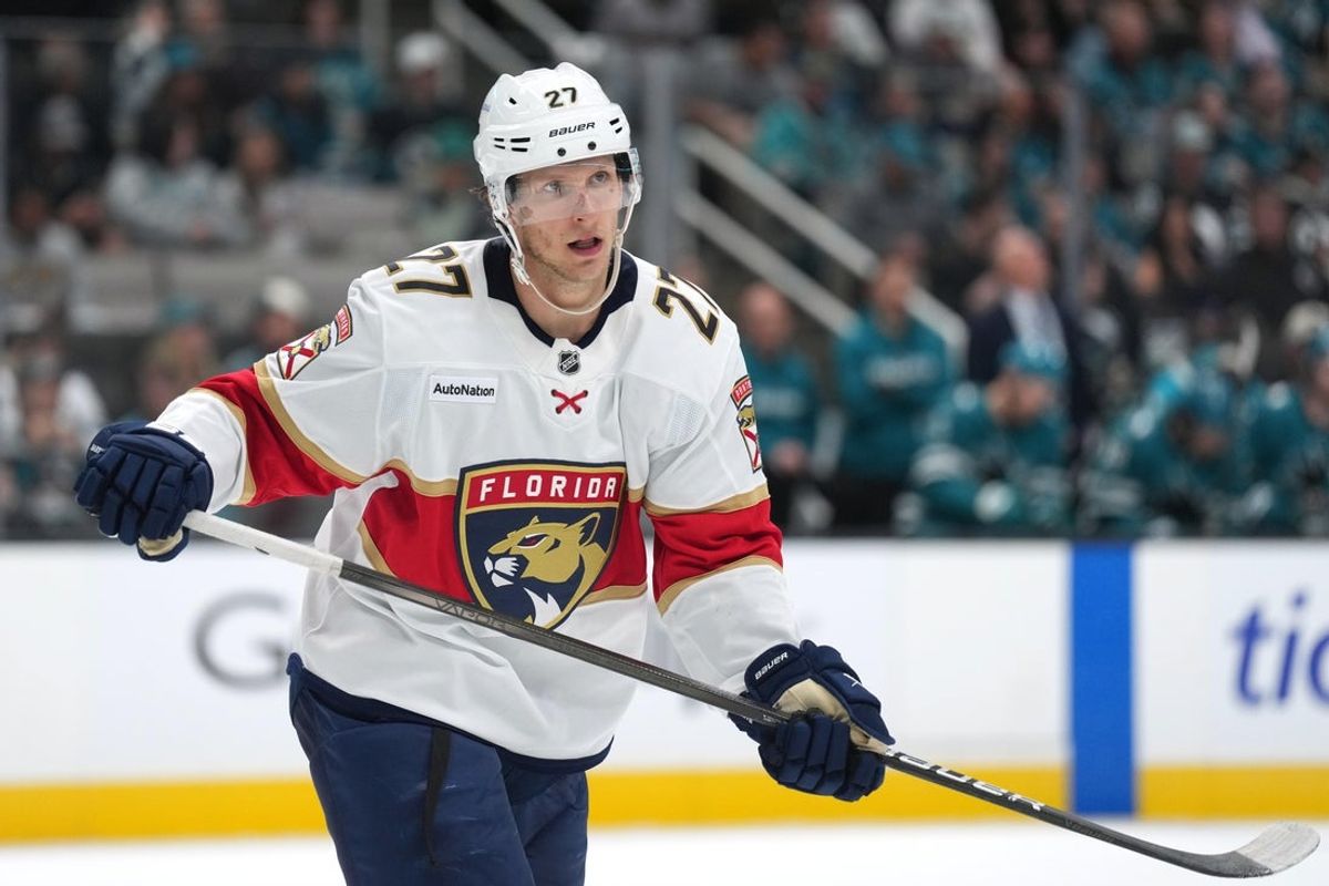 Nov 8, 2025; San Jose, California, USA; Florida Panthers center Eetu Luostarinen (27) during the first period against the San Jose Sharks at SAP Center at San Jose. Mandatory Credit: Darren Yamashita-Imagn Images