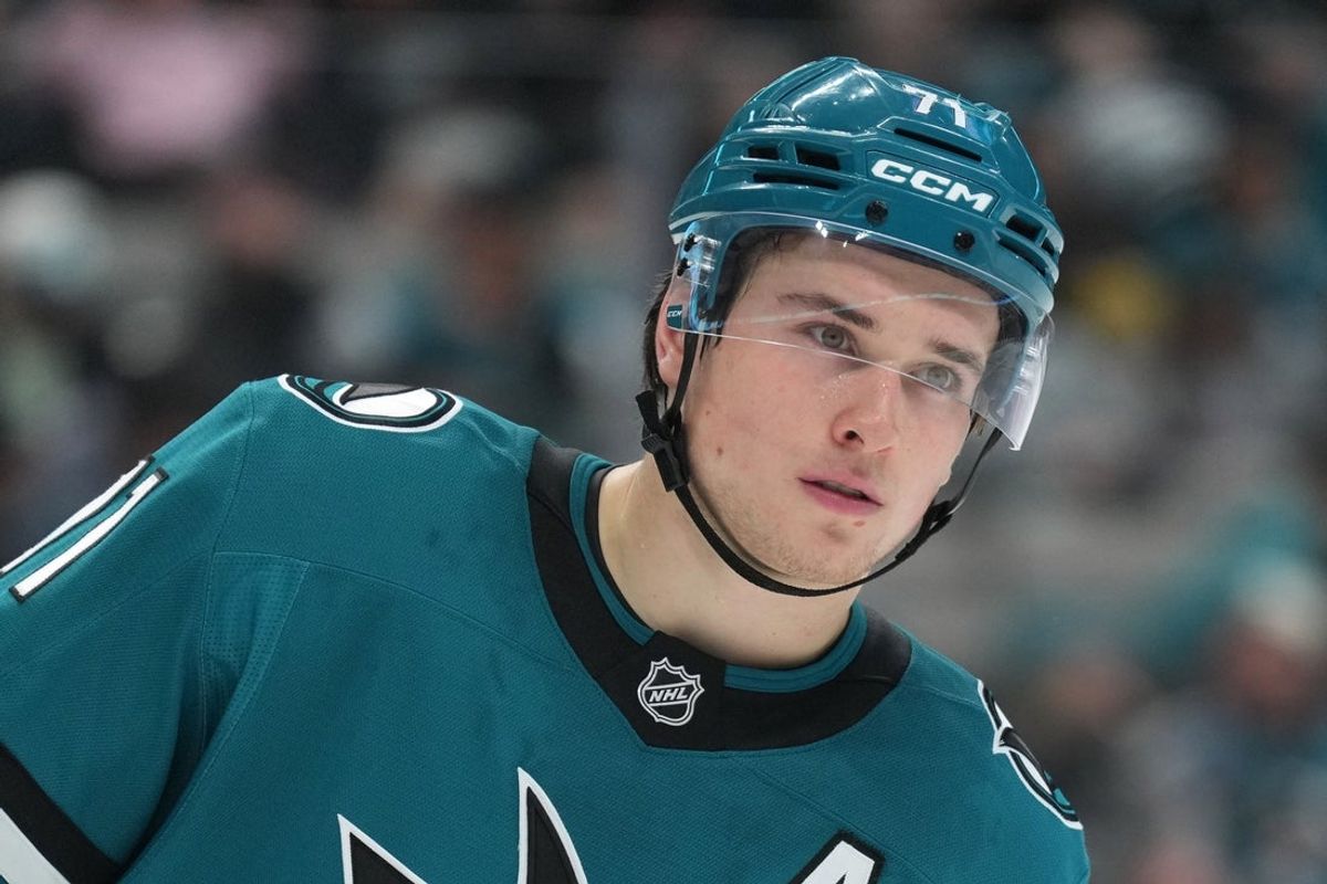 Nov 8, 2025; San Jose, California, USA; San Jose Sharks center Macklin Celebrini (71) during the second period against the Florida Panthers at SAP Center at San Jose. Mandatory Credit: Darren Yamashita-Imagn Images