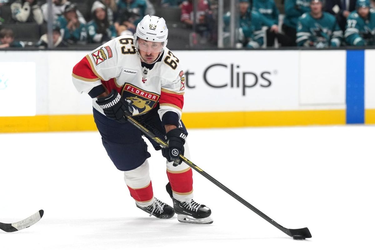 Nov 8, 2025; San Jose, California, USA; Florida Panthers left wing Brad Marchand (63) during the third period against the San Jose Sharks at SAP Center at San Jose. Mandatory Credit: Darren Yamashita-Imagn Images