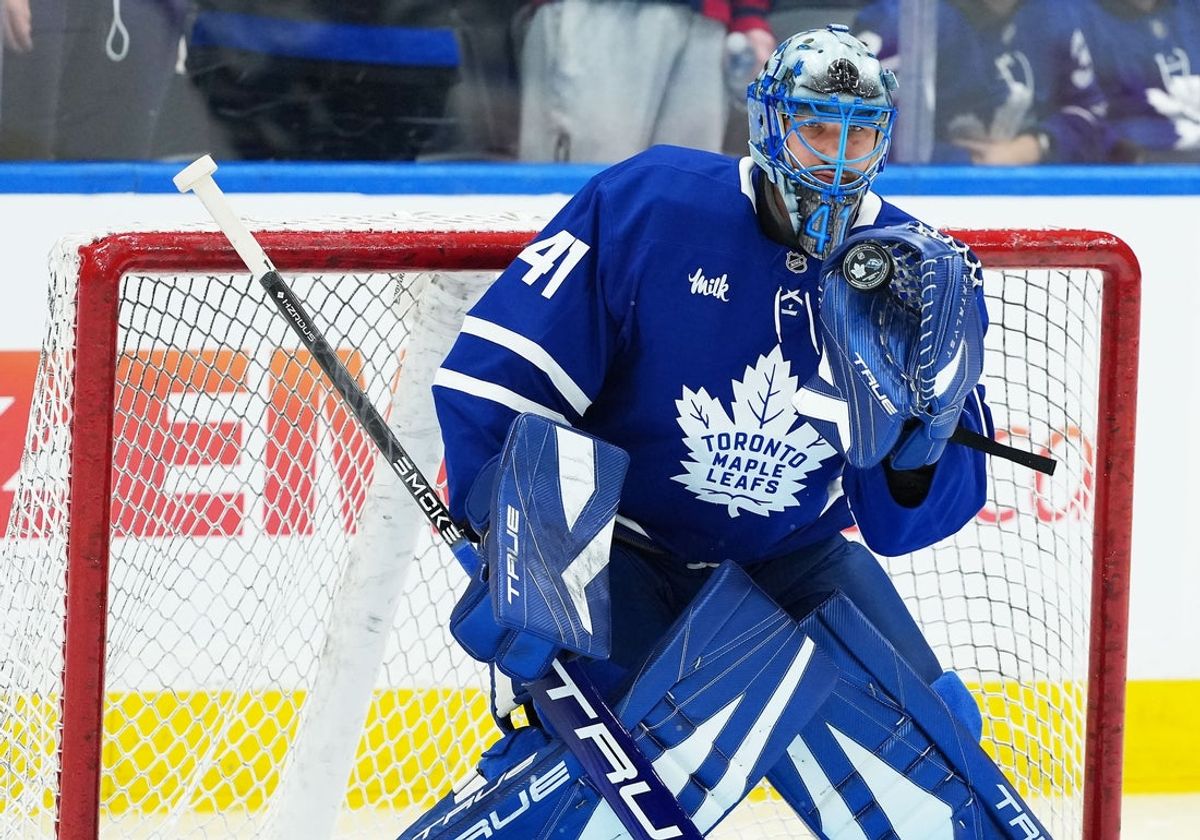 Nov 5, 2025; Toronto, Ontario, CAN; Toronto Maple Leafs goaltender Anthony Stolarz (41) takes pucks during the warmup before a game against the Utah Mammoth at Scotiabank Arena. Mandatory Credit: Nick Turchiaro-Imagn Images