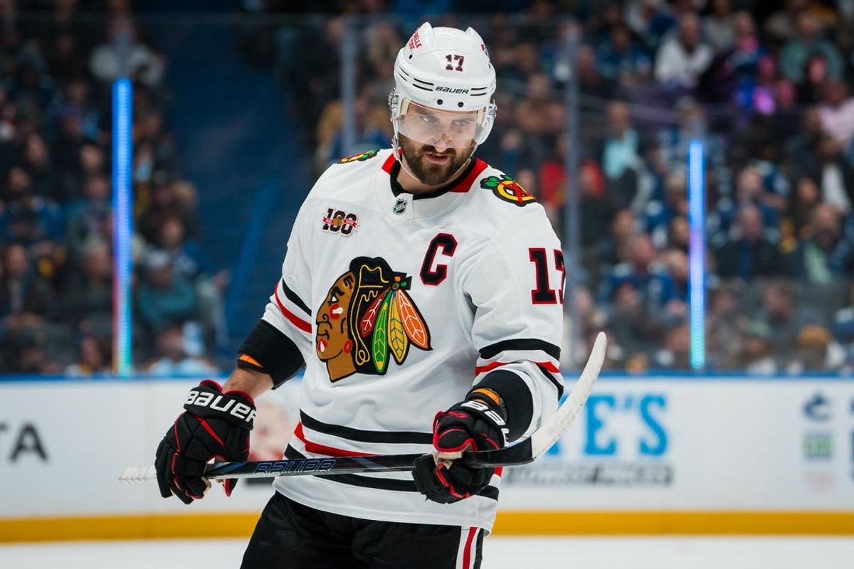 Nov 5, 2025; Vancouver, British Columbia, CAN; Chicago Blackhawks forward Nick Foligno (17) during a stop in play against the Vancouver Canucks in the second period at Rogers Arena. Mandatory Credit: Bob Frid-Imagn Images