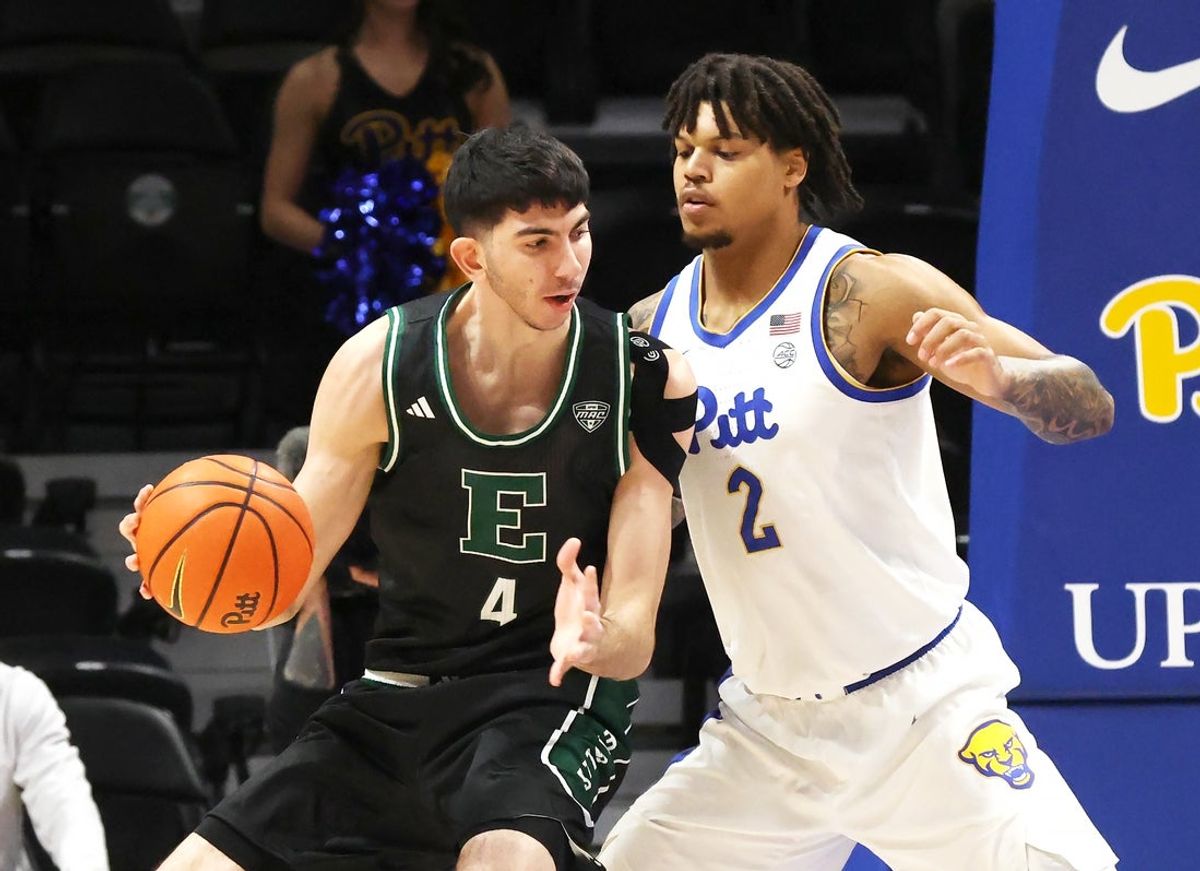 Nov 10, 2025; Pittsburgh, Pennsylvania, USA;  Eastern Michigan Eagles forward Mohammad Habhab (4) works the ball to the basket against Pittsburgh Panthers forward Cameron Corhen (2) during the first half at Petersen Events Center. Mandatory Credit: Charles LeClaire-Imagn Images