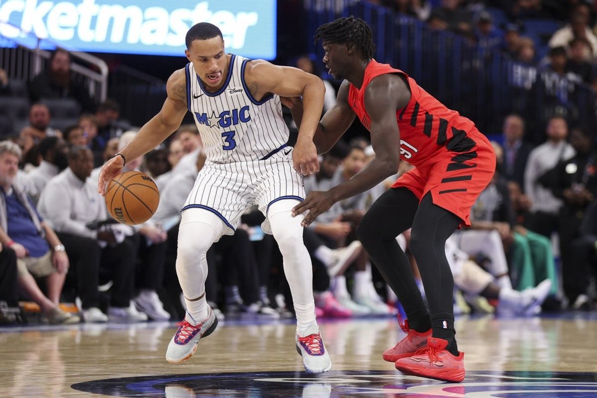 Nov 10, 2025; Orlando, Florida, USA; Orlando Magic guard Desmond Bane (3) is guarded baby Portland Trail Blazers guard Sidy Cissoko (91) in the second quarter at Kia Center. Mandatory Credit: Nathan Ray Seebeck-Imagn Images