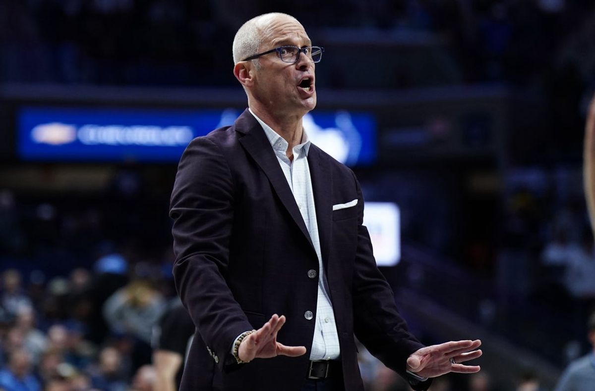 Nov 10, 2025; Storrs, Connecticut, USA; UConn Huskies head coach Dan Hurley talks with an official as they take on the Columbia Lions at Harry A. Gampel Pavilion. Mandatory Credit: David Butler II-Imagn Images