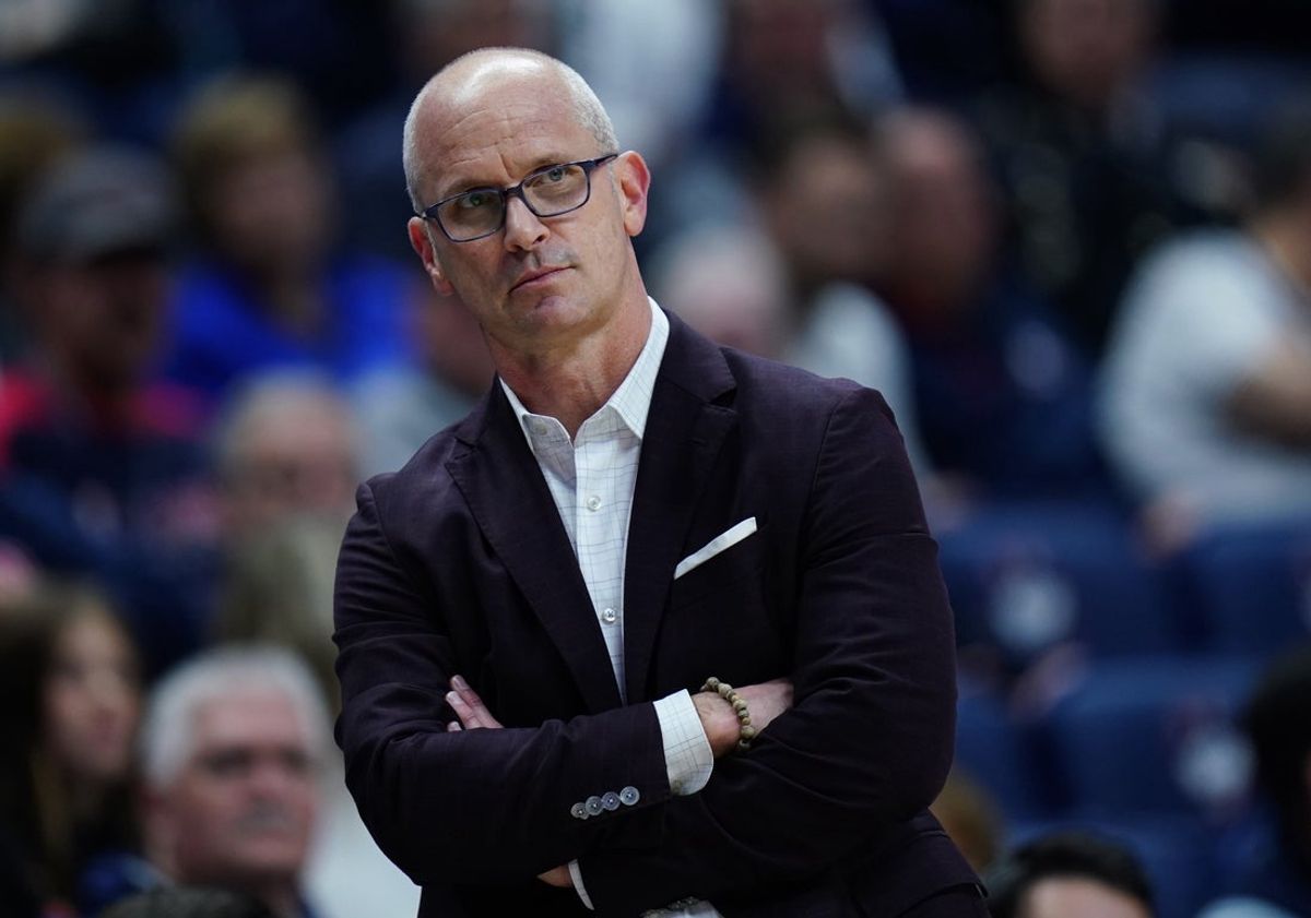 Nov 10, 2025; Storrs, Connecticut, USA; UConn Huskies head coach Dan Hurley watches from the sideline as they take on the Columbia Lions at Harry A. Gampel Pavilion. Mandatory Credit: David Butler II-Imagn Images