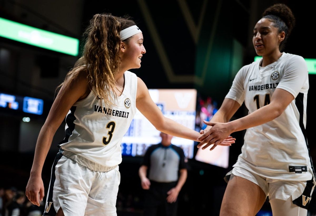Vanderbilt Commodores guard Aubrey Galvan (3) and Vanderbilt Commodores forward Aiyana Mitchell (14) celebrate during the women's basketball game between Vanderbilt vs Furman at the Memorial Gymnasium in Nashville on Monday, Nov. 10, 2025.