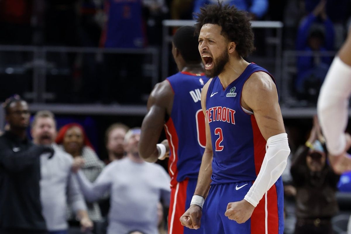 Nov 10, 2025; Detroit, Michigan, USA;  Detroit Pistons guard Cade Cunningham (2) celebrates in overtime against the Washington Wizards at Little Caesars Arena. Mandatory Credit: Rick Osentoski-Imagn Images