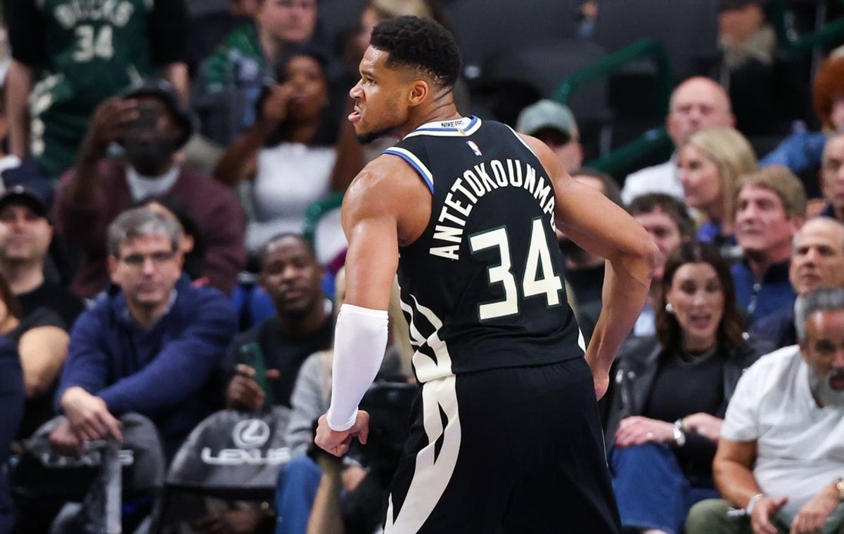 Nov 10, 2025; Dallas, Texas, USA;  Milwaukee Bucks forward Giannis Antetokounmpo (34) reacts after scoring against the Dallas Mavericks during the fourth quarter at American Airlines Center. Mandatory Credit: Kevin Jairaj-Imagn Images