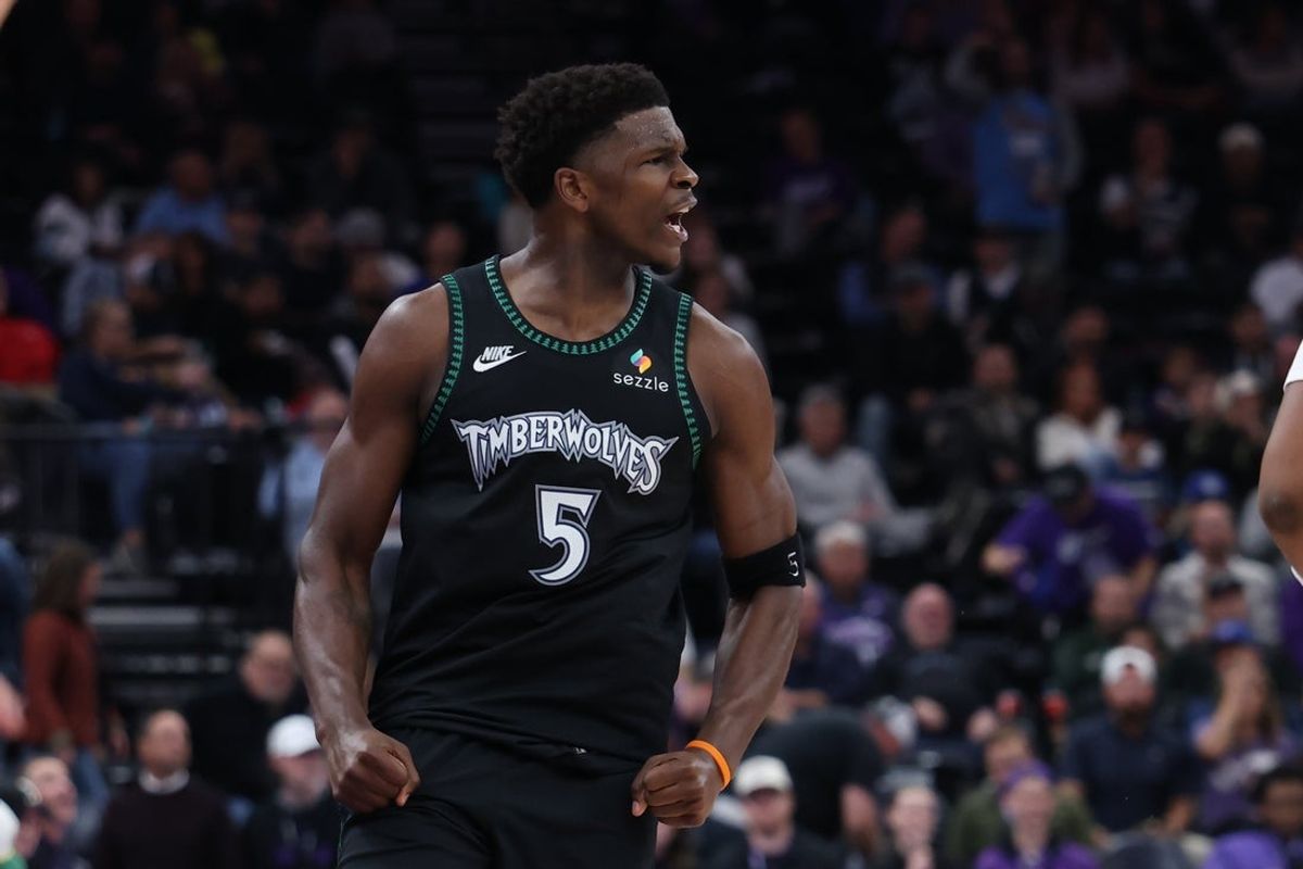 Nov 10, 2025; Salt Lake City, Utah, USA; Minnesota Timberwolves guard Anthony Edwards (5) reacts to a play against the Utah Jazz during the second half at Delta Center. Mandatory Credit: Rob Gray-Imagn Images