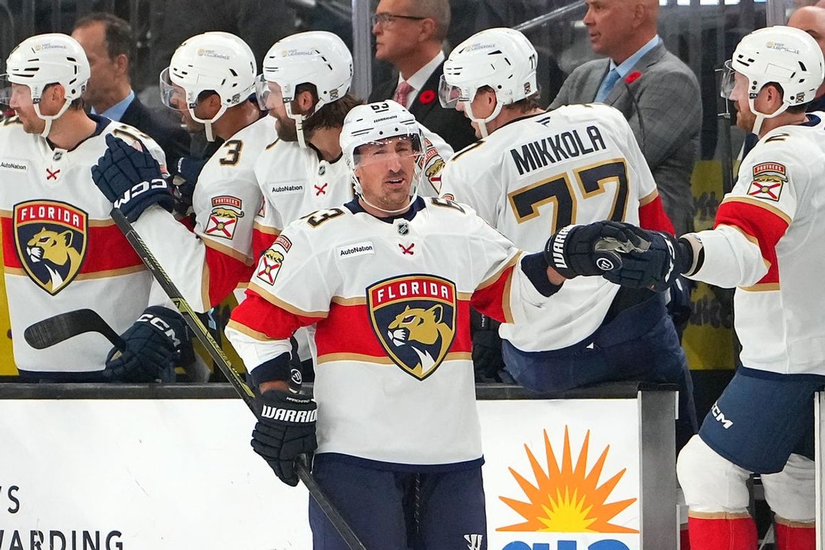 Nov 10, 2025; Las Vegas, Nevada, USA; Florida Panthers left wing Brad Marchand (63) celebrates after scoring a goal against the Vegas Golden Knights during the second period at T-Mobile Arena. Mandatory Credit: Stephen R. Sylvanie-Imagn Images