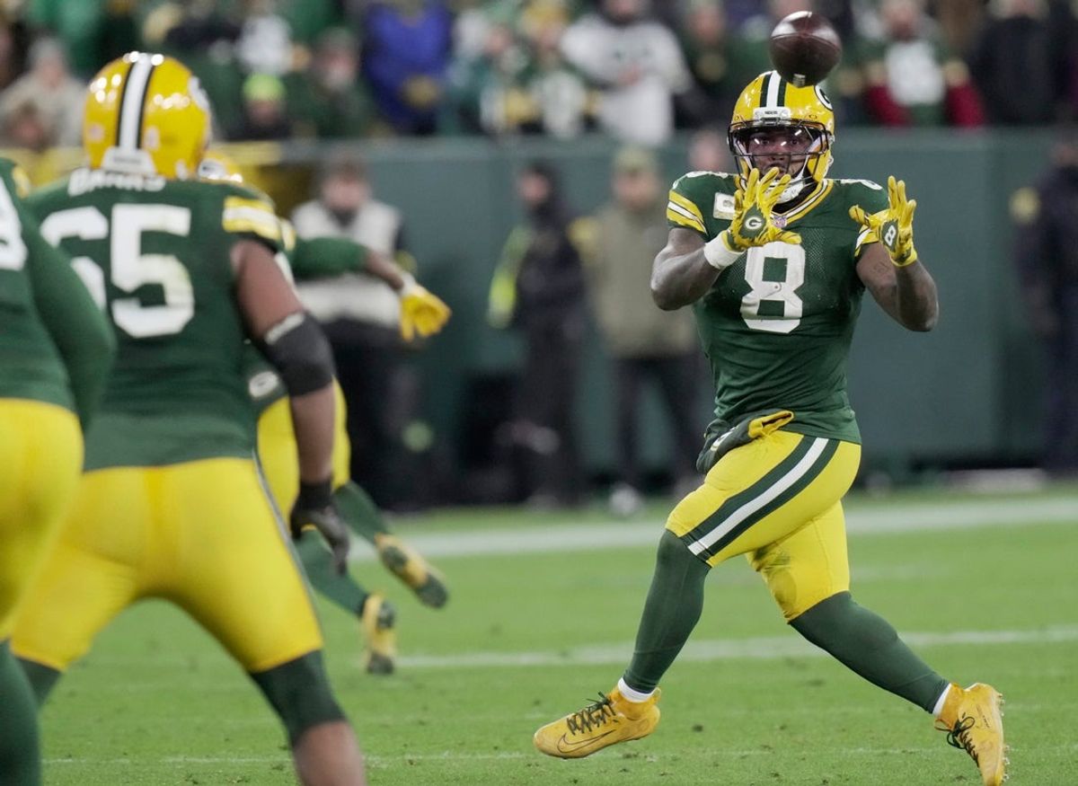 Green Bay Packers running back Josh Jacobs (8) catches a pass during the fourth quarter of their game against the Philadelphia Eagles Monday, November 10, 2025 at Lambeau Field in Green Bay, Wisconsin.