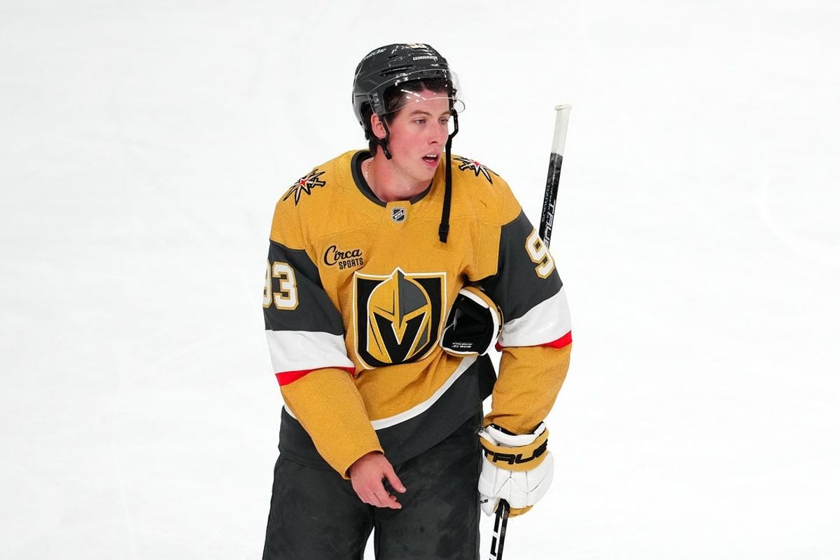 Nov 10, 2025; Las Vegas, Nevada, USA;Vegas Golden Knights right wing Mitch Marner (93) reacts after the Florida Panthers defeated the Golden Knights 3-2 at T-Mobile Arena. Mandatory Credit: Stephen R. Sylvanie-Imagn Images