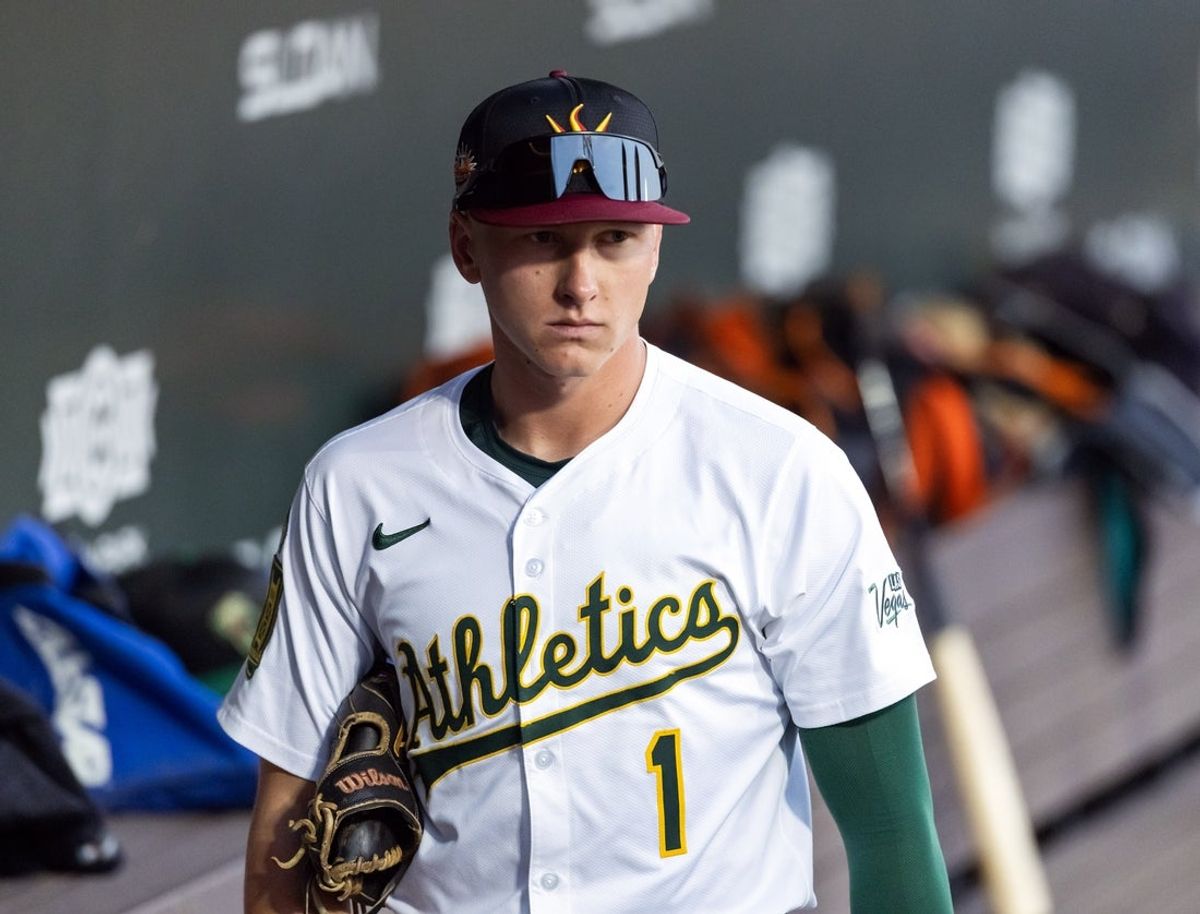 9 de novembro de 2025; Mesa, Arizona, EUA; O defensor externo do Oakland Athletics, Ryan Lasko, durante o jogo Arizona Fall League Fall Stars em Sloan Park. Crédito obrigatório: Mark J. Rebilas-Imagn Images