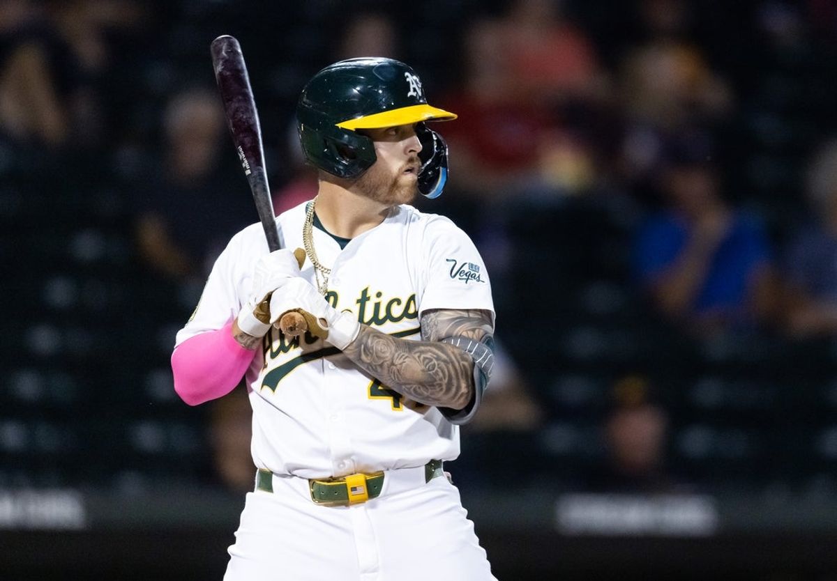 Nov 9, 2025; Mesa, AZ, USA; Oakland Athletics infielder Tommy White during the Arizona Fall League Fall Stars Game at Sloan Park. Mandatory Credit: Mark J. Rebilas-Imagn Images