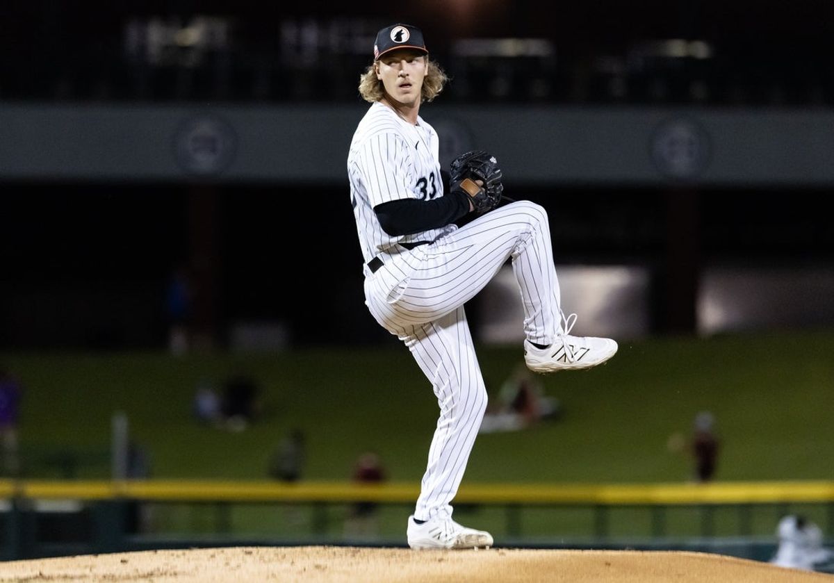 Nov 9, 2025; Mesa, AZ, USA; Chicago White Sox pitcher Hagen Smith during the Arizona Fall League Fall Stars Game at Sloan Park. Mandatory Credit: Mark J. Rebilas-Imagn Images