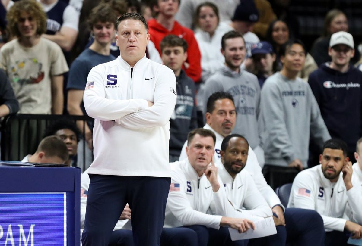 Nov 11, 2025; University Park, Pennsylvania, USA; Penn State Nittany Lions head coach Mike Rhoades looks on from the bench during the first half against the Navy Midshipmen at Bryce Jordan Center. Mandatory Credit: Matthew O'Haren-Imagn Images