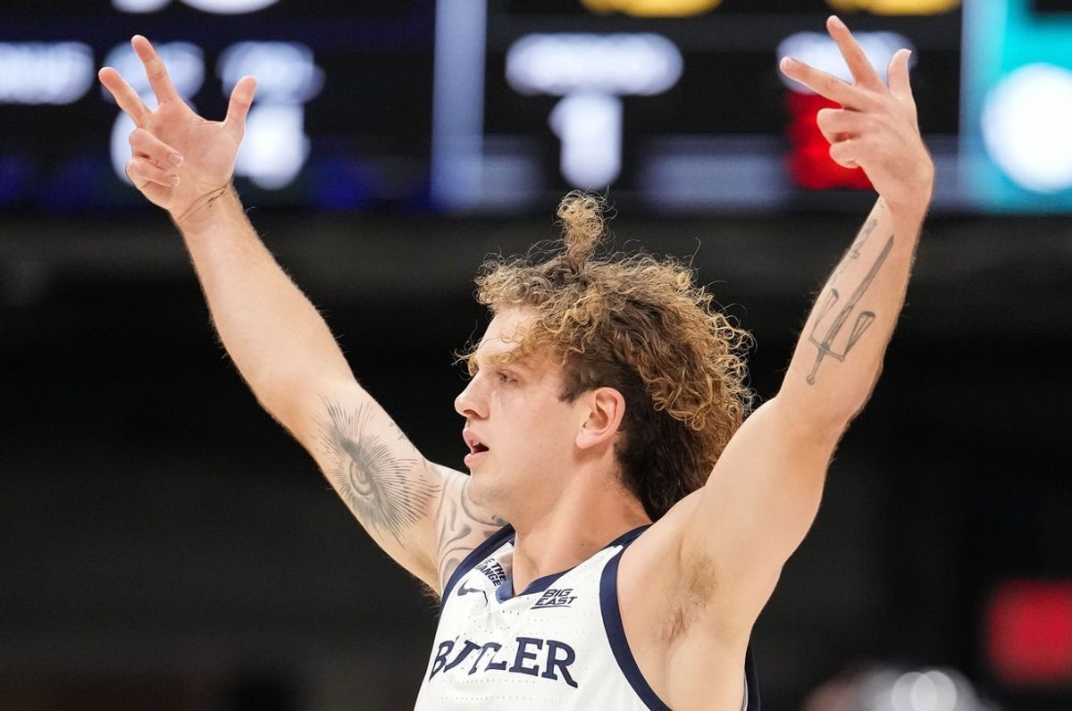 Butler Bulldogs guard Finley Bizjack (11) celebrates scoring back to back three-point basket Tuesday, Nov. 11, 2025, during the game at Hinkle Fieldhouse in Indianapolis.