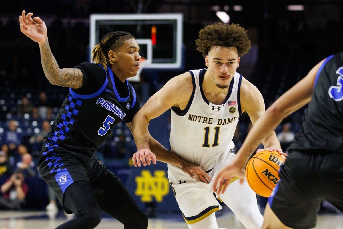 Notre Dame guard Braeden Shrewsberry (11) drives to the basket during a NCAA men's basketball game against Eastern Illinois at Purcell Pavilion on Tuesday, Nov. 11, 2025, in South Bend.