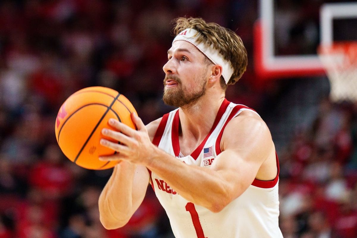 Nov 11, 2025; Lincoln, Nebraska, USA; Nebraska Cornhuskers guard Sam Hoiberg (1) shoots a three point basket against the Maryland Eastern Shore Hawks during the first half at Pinnacle Bank Arena. Mandatory Credit: Dylan Widger-Imagn Images