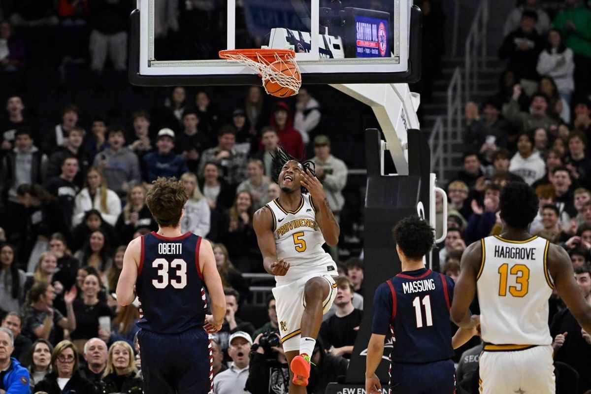 Nov 11, 2025; Providence, Rhode Island, USA; Providence Friars forward Jamier Jones (5) reacts after making a basket during the second half against the Penn Quakers at Amica Mutual Pavilion. Mandatory Credit: Eric Canha-Imagn Images