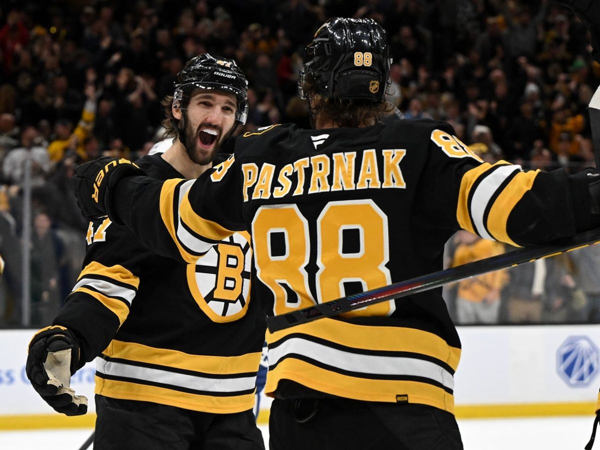 Nov 11, 2025; Boston, Massachusetts, USA; Boston Bruins right wing David Pastrnak (88) celebrates with center Mark Kastelic (47) after scoring a goal against the Toronto Maple Leafs during the third period at the TD Garden. Mandatory Credit: Brian Fluharty-Imagn Images