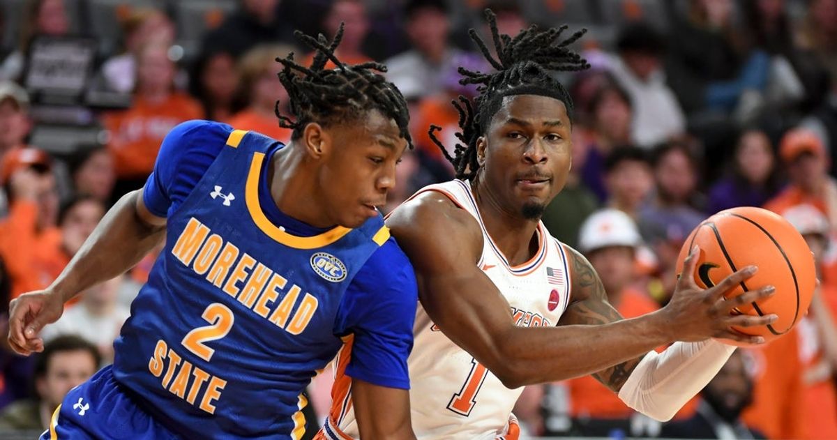 Morehead State Eagles guard Davion Cunningham (2) defends Clemson Tigers guard Jestin Porter (1) Tuesday, Nov. 11, 2025, during the NCAA men’s basketball game at Littlejohn Coliseum in Clemson, South Carolina. Clemson Tigers won 83-56.