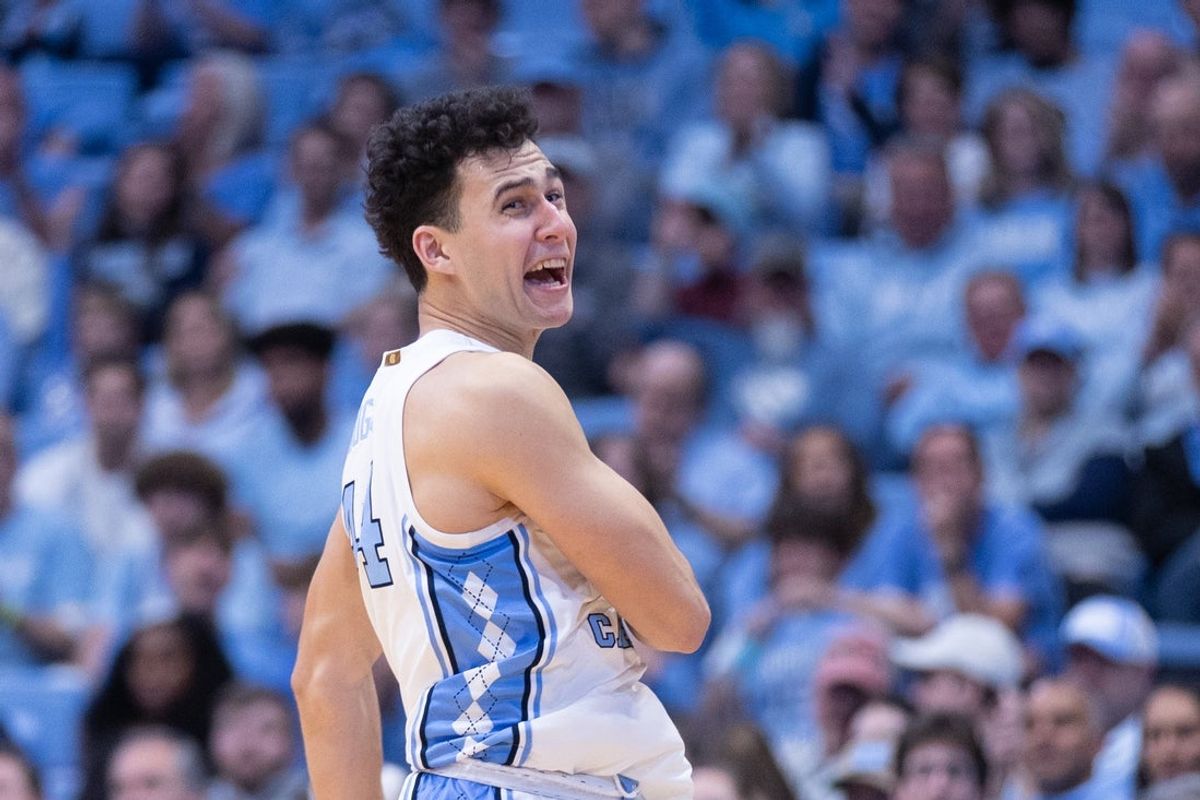 Nov 11, 2025; Chapel Hill, North Carolina, USA; North Carolina Tar Heels guard Luka Bogavac (44) celebrates after three point basket against the Radford Highlanders in the second half at Dean E. Smith Center. Mandatory Credit: Scott Kinser-Imagn Images