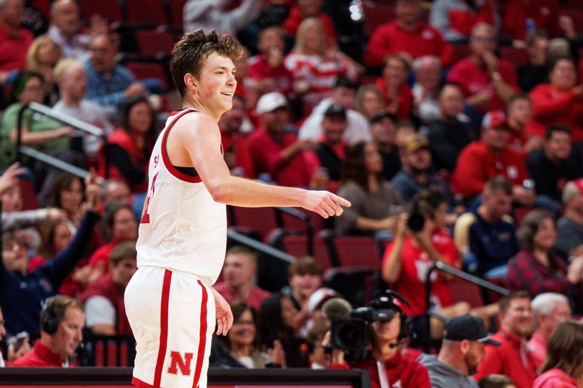 Nov 11, 2025; Lincoln, Nebraska, USA; Nebraska Cornhuskers forward Pryce Sandfort (21) reacts after shooting a three point basket against the Maryland Eastern Shore Hawks during the second half at Pinnacle Bank Arena. Mandatory Credit: Dylan Widger-Imagn Images