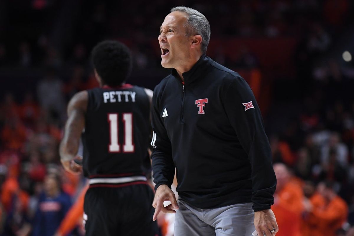 Nov 11, 2025; Champaign, Illinois, USA; Texas Tech Red Raiders head coach Grant McCasland reacts during the first half against the Illinois Fighting Illini at State Farm Center. Mandatory Credit: Ron Johnson-Imagn Images