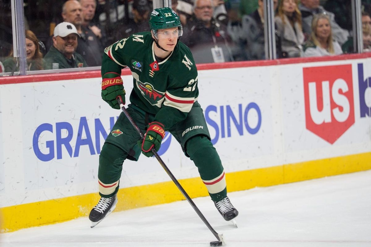 Nov 11, 2025; Saint Paul, Minnesota, USA; Minnesota Wild right wing Danila Yurov (22) in action against the San Jose Sharks in the second period at Grand Casino Arena. Mandatory Credit: Matt Blewett-Imagn Images