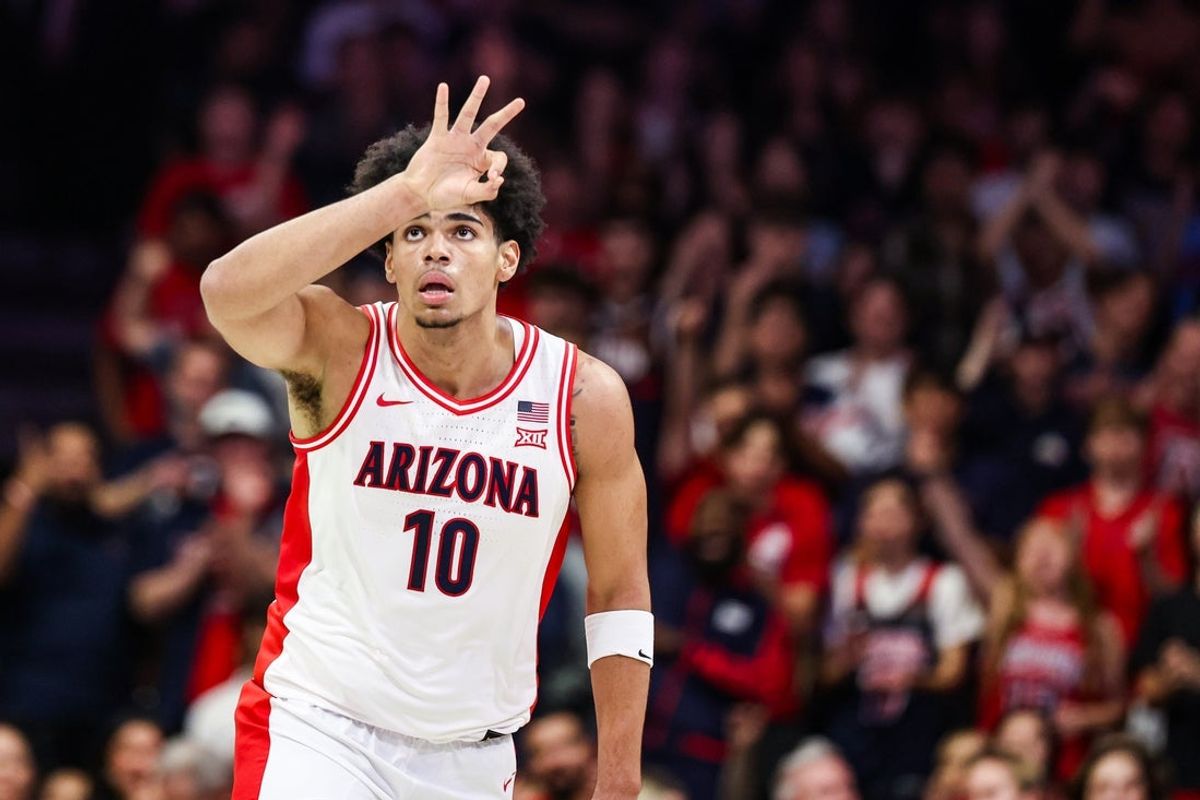 Nov 11, 2025; Tucson, Arizona, USA;  Arizona Wildcats forward Koa Peat (10) sinks a 3-pointer during the first half of the game against the Northern Arizona Lumberjacks at McKale Memorial Center. Mandatory Credit: Aryanna Frank-Imagn Images