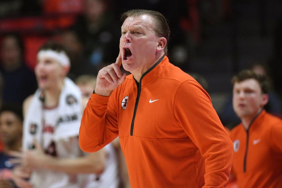 Nov 11, 2025; Champaign, Illinois, USA; Illinois Fighting Illini head coach Brad Underwood reacts during the second half against the Texas Tech Red Raiders at State Farm Center. Mandatory Credit: Ron Johnson-Imagn Images