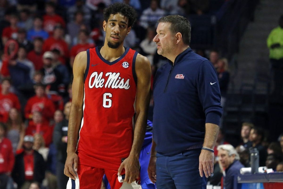 Nov 11, 2025; Oxford, Mississippi, USA; Mississippi Rebels head coach Chris Beard talks with guard Ilias Kamardine (6) during the second half against the Memphis Tigers at The Sandy and John Black Pavilion at Ole Miss. Mandatory Credit: Petre Thomas-Imagn Images
