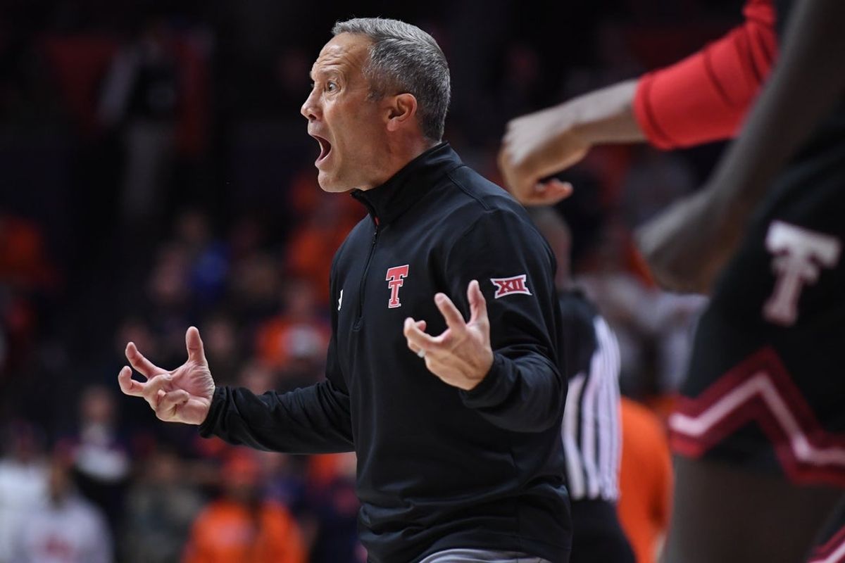 Nov 11, 2025; Champaign, Illinois, USA; Texas Tech Red Raiders head coach Grant McCasland reacts during the second half against the Illinois Fighting Illini at State Farm Center. Mandatory Credit: Ron Johnson-Imagn Images