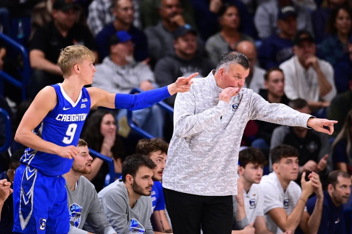 Nov 11, 2025; Spokane, Washington, USA; Creighton Bluejays head coach Greg McDermott and Creighton Bluejays guard Ty Davis (9) look on during a game against the Gonzaga Bulldogs in the second half at McCarthey Athletic Center. Gonzaga Bulldogs won 90-63. Mandatory Credit: James Snook-Imagn Images