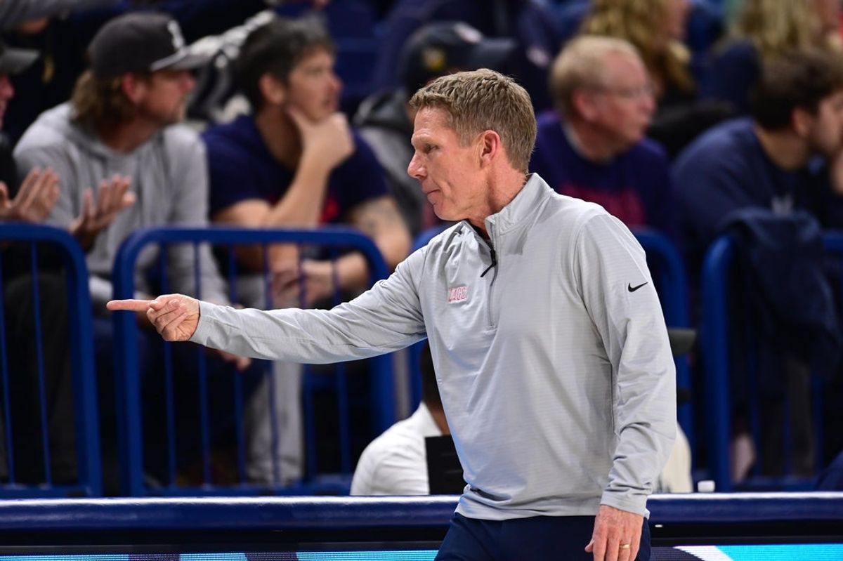 Nov 11, 2025; Spokane, Washington, USA; Gonzaga Bulldogs head coach Mark Few talks to his bench during a game against the Creighton Bluejays in the second half at McCarthey Athletic Center. Gonzaga Bulldogs won 90-63. Mandatory Credit: James Snook-Imagn Images