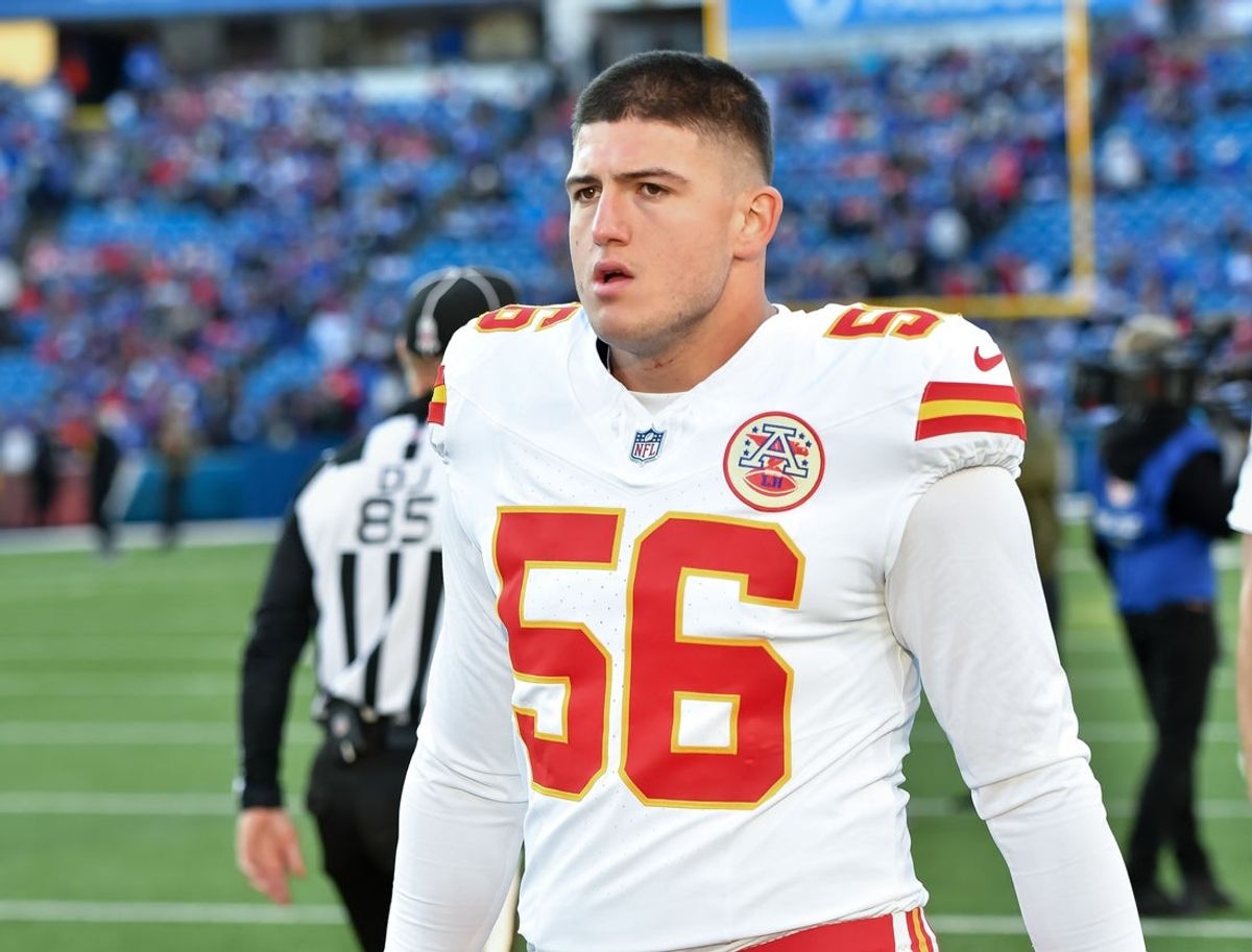 Nov 2, 2025; Orchard Park, New York, USA; Kansas City Chiefs defensive end George Karlaftis (56) goes to the locker room before a game against the Buffalo Bills at Highmark Stadium. Mandatory Credit: Mark Konezny-Imagn Images