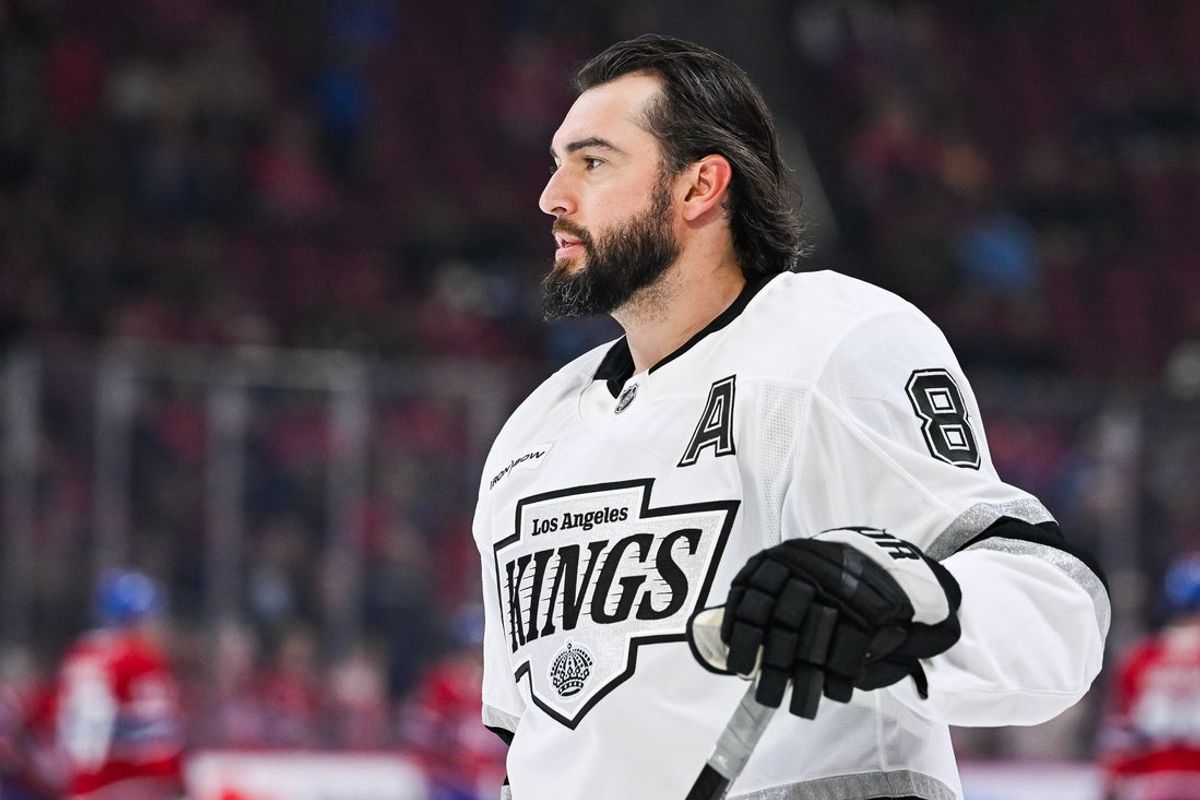 Nov 11, 2025; Montreal, Quebec, CAN; Los Angeles Kings defenseman Drew Doughty (8) looks on during warm-up before the game against the Montréal Canadiens at Bell Centre. Mandatory Credit: David Kirouac-Imagn Images