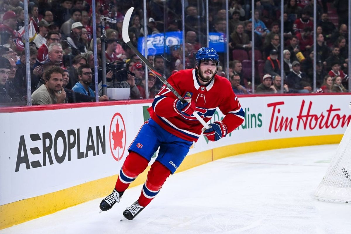 Nov 11, 2025; Montreal, Quebec, CAN; Montreal Canadiens center Kirby Dach (77) skates against the Los Angeles Kings during the third period at Bell Centre. Mandatory Credit: David Kirouac-Imagn Images