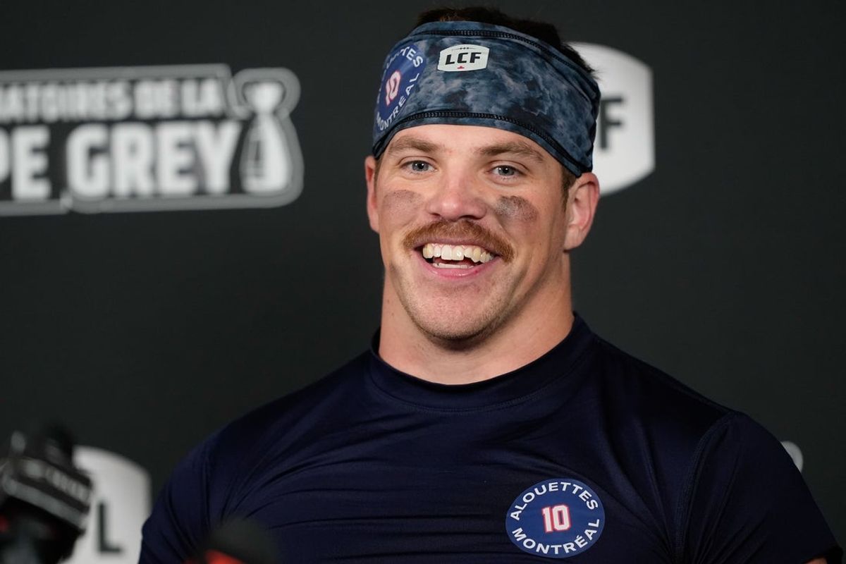 Nov 8, 2025; Hamilton, Ontario, Canada; Montreal Alouettes quarterback Davis Alexander (10) talks to the media following a win over the Hamilton Tiger-Cats in the Eastern Final at Hamilton Stadium. Mandatory Credit: John E. Sokolowski-Imagn Images