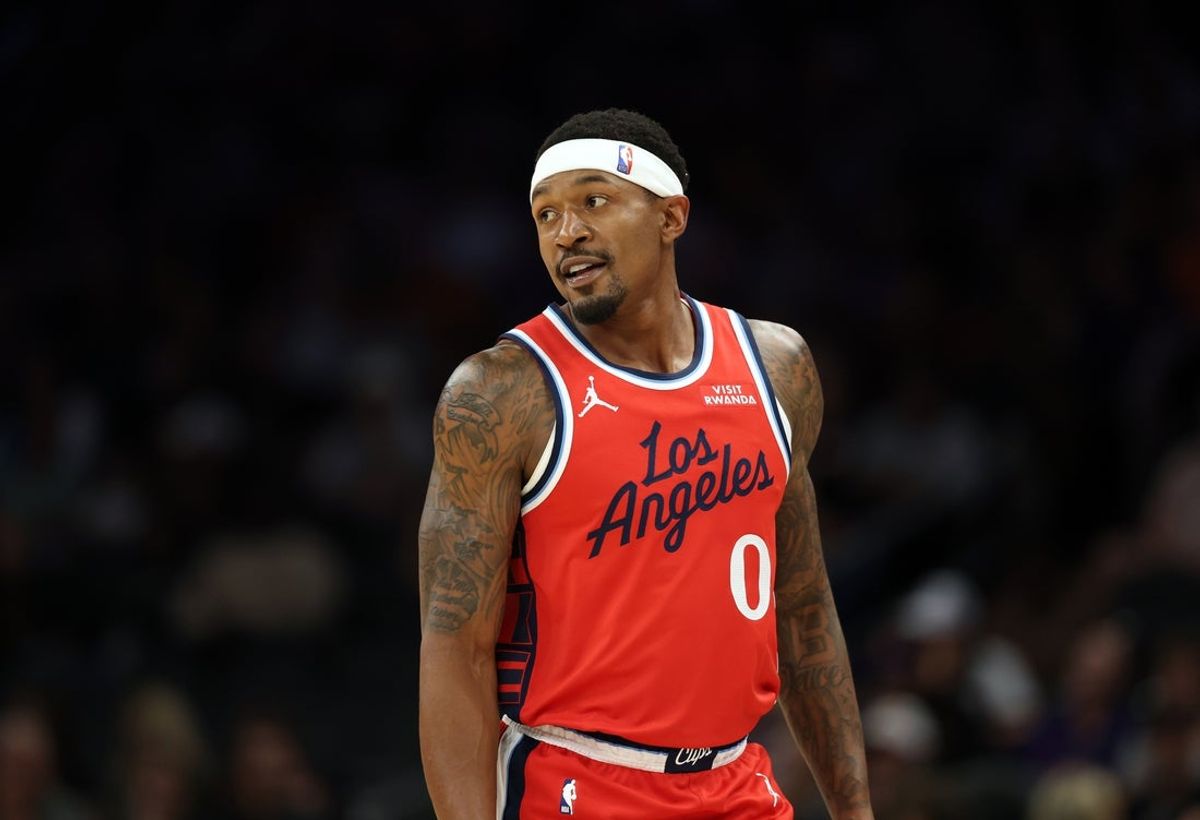 Nov 6, 2025; Phoenix, Arizona, USA; Los Angeles Clippers guard Bradley Beal (0) against the Phoenix Suns at the Mortgage Matchup Center. Mandatory Credit: Mark J. Rebilas-Imagn Images