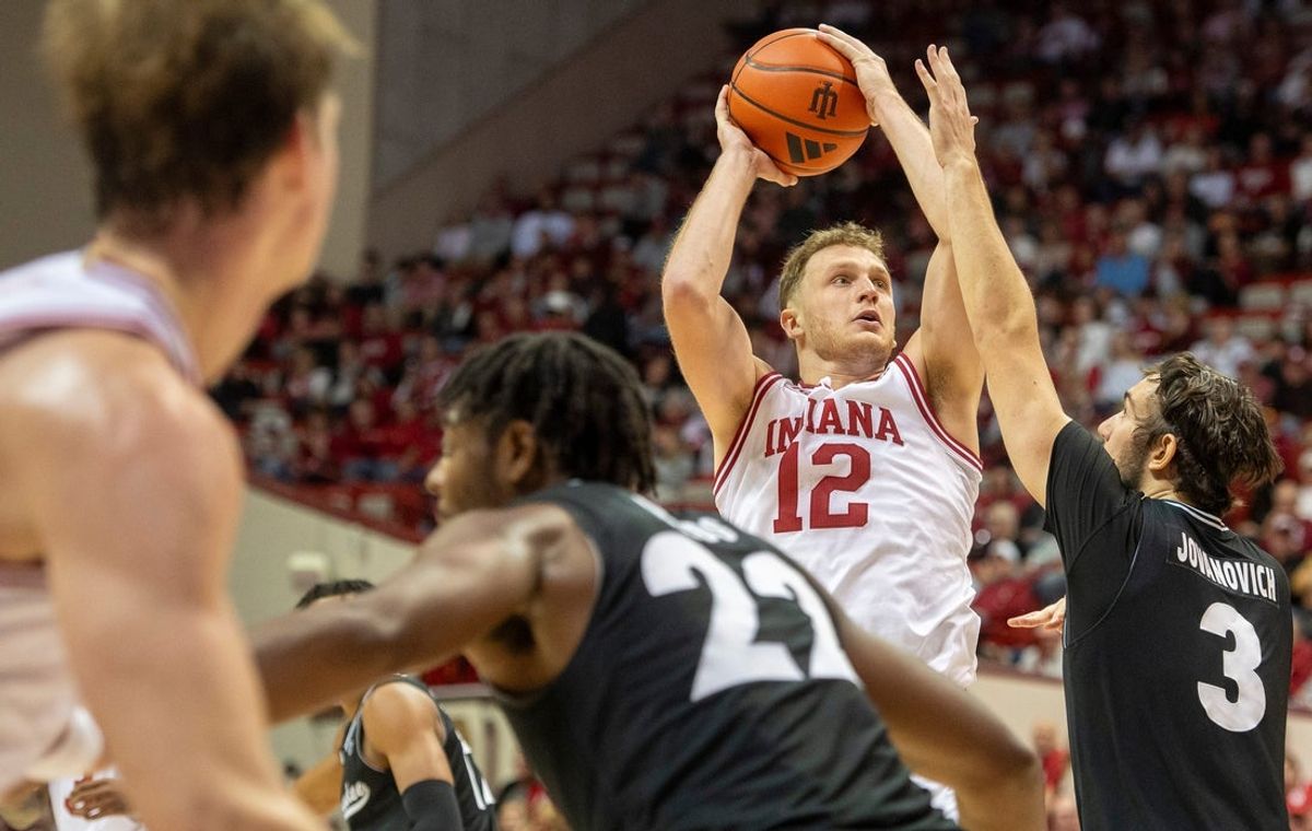 Indiana's Tucker DeVries (12) shoots during the Indiana versus Milwaukee mens basketball game at Simon Skjodt Assembly Hall on Wednesday, Nov. 12, 2025.