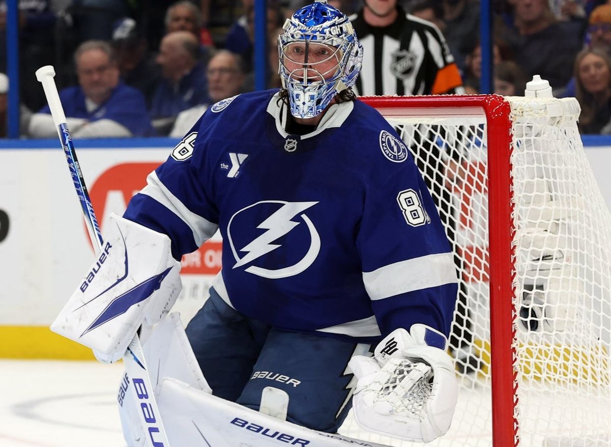 Nov 12, 2025; Tampa, Florida, USA; Tampa Bay Lightning goaltender Andrei Vasilevskiy (88) looks on against the New York Rangers during the second period at Benchmark International Arena. Mandatory Credit: Kim Klement Neitzel-Imagn Images