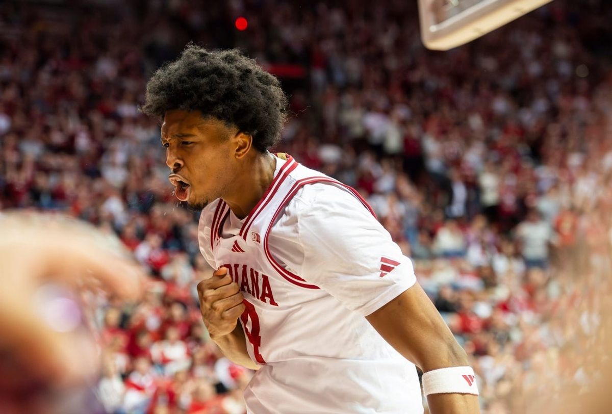 Indiana's Sam Alexis (4) celebrates during the Indiana versus Milwaukee mens basketball game at Simon Skjodt Assembly Hall on Wednesday, Nov. 12, 2025.
