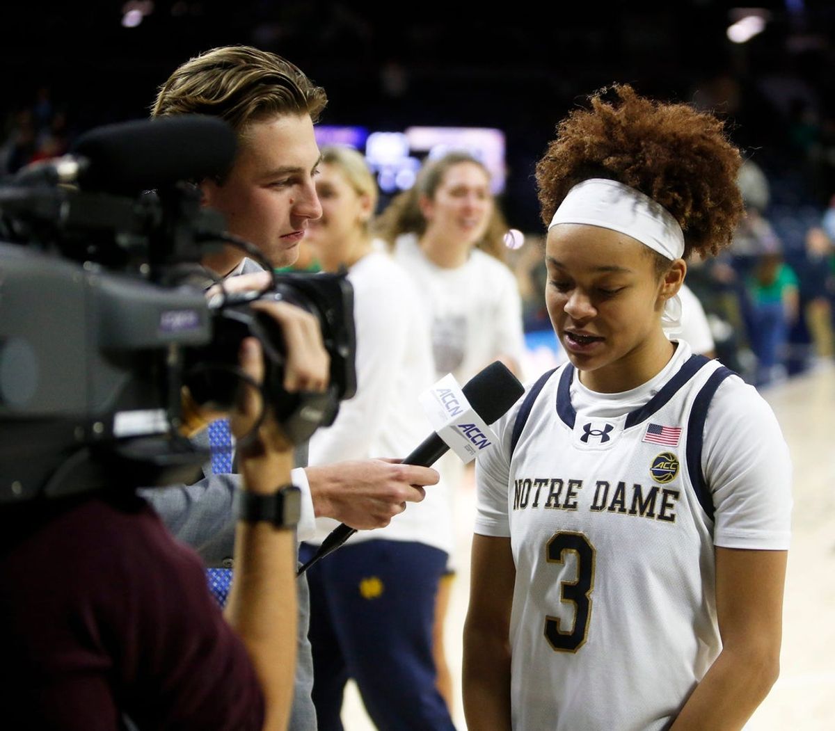 Notre Dame junior Hannah Hidalgo gets interviewed by ACC Network+ sideline reporter Tyler Reidy after scoring 44 points and recording 16 steals during an NCAA women's college basketball game between Notre Dame and Akron Wednesday, Nov. 12, 2025, at Purcell Pavilion in South Bend, Indiana.