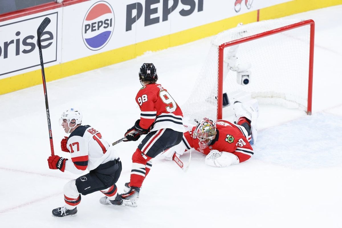 Nov 12, 2025; Chicago, Illinois, USA; New Jersey Devils defenseman Simon Nemec (17) reacts after scoring against the Chicago Blackhawks during the second period at United Center. Mandatory Credit: Kamil Krzaczynski-Imagn Images