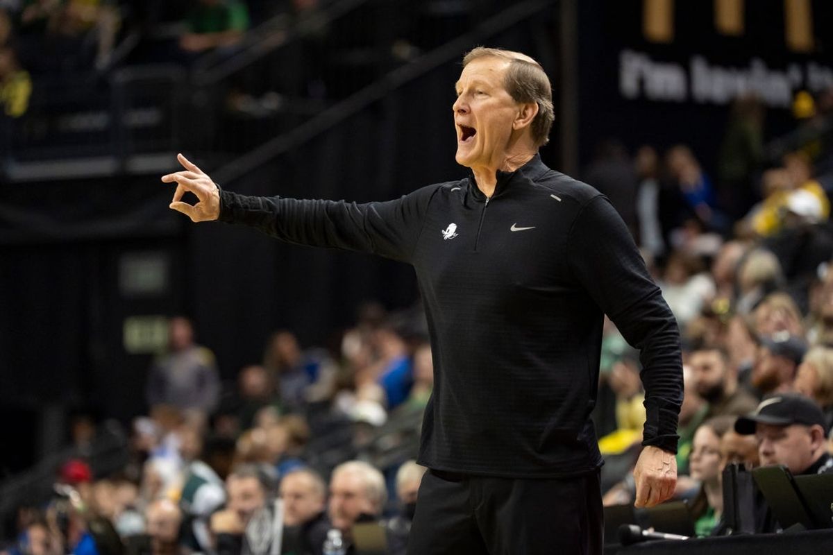 Oregon head coach Dana Altman calls to his team as the Oregon Ducks host the South Dakota State Jackrabbits on Nov. 12, 2025, at Matthew Knight Arena in Eugene, Oregon.